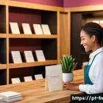 Home 22 고객경험 디자인과 브랜드 아이덴티티 - A cozy, modern local boutique store interior with warm lighting, a friendly shop owner smiling and g...