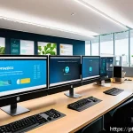 Home 23 고객경험 디자인의 법적 요구사항 - A modern Brazilian customer service center focused on data protection compliance, featuring a divers...